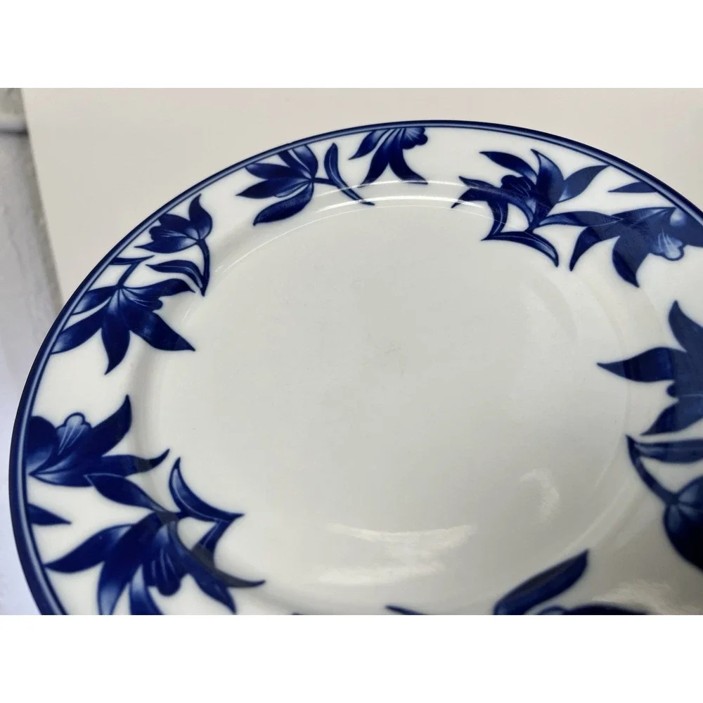 Pier 1 Ming White Cobalt Blue Salad Plate Set of 2 Leaves & Flowers Asian Glossy
